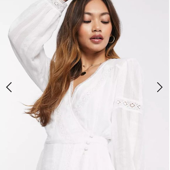 New 6 S ASOS DESIGN Lace Insert Wrap Maxi Dress 100% Cotton White Maxi Romantic - Picture 4 of 16